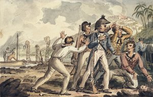El capitán Burney descubriendo a sus compañeros de barco asesinados, ilustración de "Los viajes del capitán Cook" de Isaac Robert Cruikshank