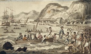 El Capitán Cook Desembarcando en Owyhee, ilustración de "Los Viajes del Capitán Cook" de Isaac Robert Cruikshank