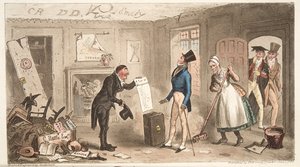 Comodidades Universitarias, Un Novato tomando posesión de sus Habitaciones, de The English Spy, pub. 1824 de Isaac Robert Cruikshank