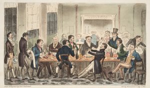 Tarde y de buen humor, una escena en Longs Hotel, Bond Street, de The English Spy, pub. 1824