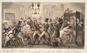 Hombres de familia en falta, o una visita inesperada del obispo y sus capellanes, de The English Spy, pub. 1824 de Isaac Robert Cruikshank