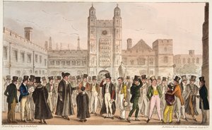 Primera Ausencia, o Etonianos Respondiendo al Pase de Lista Matutino, de The English Spy, publicado 1824 de Isaac Robert Cruikshank