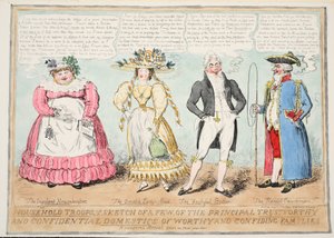 Tropas domésticas, o un boceto de algunos de los principales domésticos confiables y confidenciales de familias dignas y confiadas, 1827 de Isaac Robert Cruikshank