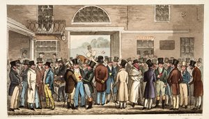 Lunes después del Gran St Leger, o héroes del turf pagando y recibiendo en Tattersalls, de The English Spy, pub. 1824 de Isaac Robert Cruikshank