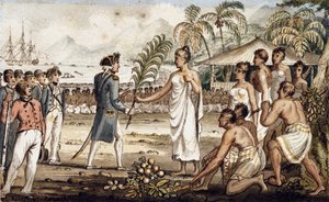 Oatehite, ilustración de "Los viajes del Capitán Cook" de Isaac Robert Cruikshank