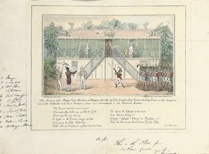 El arresto de John Morgan, Esq., comerciante, Singapur, octubre de 1824, por John Crawford Esq., residente, anteriormente doctor en el servicio de la compañía, último embajador en la corte, Bangkok, Siam, y Umrapoorah, Imperio Birmano, mayo de 1827 de Isaac Robert Cruikshank