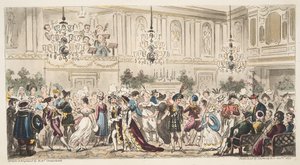 El baile de disfraces en las habitaciones superiores, Bath, de The English Spy, publicado en Londres, 1824 de Isaac Robert Cruikshank
