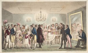 El Green Room del Teatro del Rey, o nobles aficionados viendo curiosidades extranjeras, de The English Spy, pub. 1824 de Isaac Robert Cruikshank