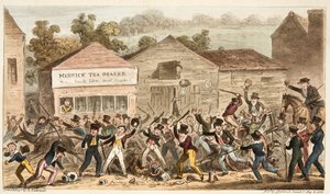 La fila de teteras en Harrow, o la batalla de Hog Lane, de The English Spy, pub. 1824 de Isaac Robert Cruikshank