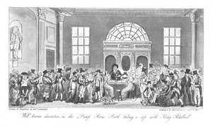Personajes conocidos en la Sala de Bombas, Bath, tomando un sorbo con el Rey Bladud, 1825 de Isaac Robert Cruikshank