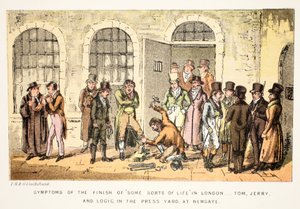 Síntomas del final de "Algunos tipos de vida" en Londres - Tom, Jerry y Logic, en el patio de prensa, en Newgate, de la vida de Tom y Jerry en Londres de Isaac Robert and George Cruikshank