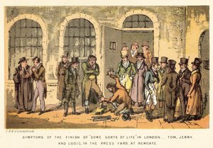 Síntomas del final de algunos tipos de vida en Londres, Tom, Jerry y Logic, en el Patio de Prensa, en Newgate de Isaac, Robert and George Cruikshank