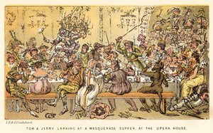 Tom y Jerry divirtiéndose en una Cena de Mascarada, en la Casa de la Ópera de Isaac, Robert and George Cruikshank