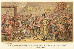 Tom y Jerry disfrazándose entre los mendigos en los Barrios Bajos, en la Tierra Santa de Isaac, Robert and George Cruikshank