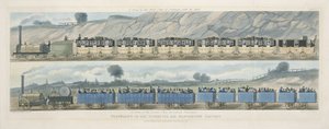 Viajando en el Ferrocarril de Liverpool y Manchester: Un tren de la primera clase de vagones con el correo, y un tren de la segunda clase para pasajeros exteriores, grabado por S.G. Hughes, 1831 de Isaac Shaw