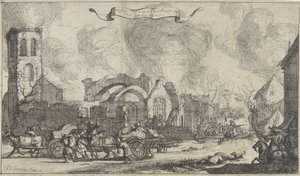 Tropas francesas merodeando y disparando a través de las ruinas del pueblo de Nigtevecht, 1672
Serie de trece ilustraciones de pueblos y castillos de la provincia de Utrecht destruidos por los franceses en 1672 (título de la serie) de Isaac Sorious
