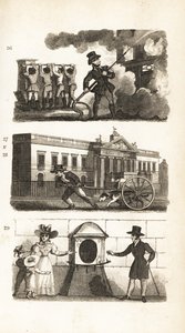 El carro de bomberos, transportando mercancías en un camión, East India House y London Stone de Isaac Taylor