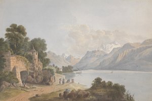 Paisaje montañoso con lago, puerta y figuras de Isaac Weld