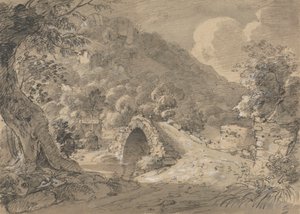 Paisaje montañoso con un puente y una casa de Isaac Weld