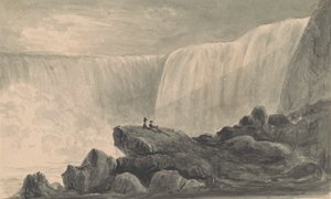Vista de las cataratas del Niágara con dos figuras sentadas en una roca en primer plano de Isaac Weld