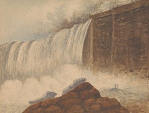 Vista de las cataratas del Niágara con dos figuras sobre una roca en primer plano a la derecha de Isaac Weld