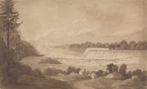 Vista de las cataratas del Niágara con las cataratas al fondo, a la derecha, y paisaje con casas en primer plano de Isaac Weld