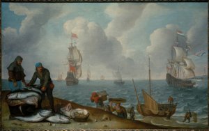 Pescadores con captura en la playa, barcos de guerra en una bahía de Isaac Willaerts