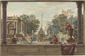 Un jardín italianizado con un loro, un caniche y un hombre de Isaac de Moucheron