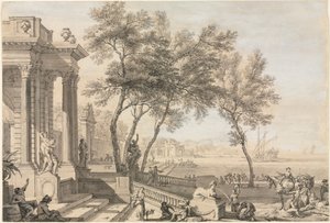 Escena de puerto fantástico con arquitectura y figuras, 1713 de Isaac de Moucheron