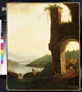 Paisaje romántico (Un paisaje romántico). Pintura de Isaac de Moucheron (1667-1744). Arte holandés, estilo barroco. Óleo sobre tela. Museo de Arte Mikhail Kroshitsky, Sebastopol (Sebastopol) Ucrania de Isaac de Moucheron