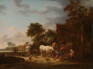 Posada rural con un caballo en el comedero de Isaac van Ostade