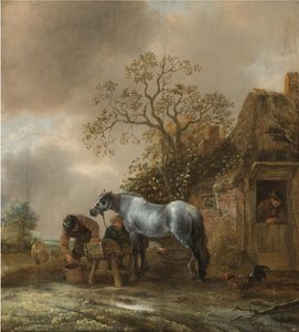 Paisaje con campesinos alimentando a un caballo ante una casa de campo