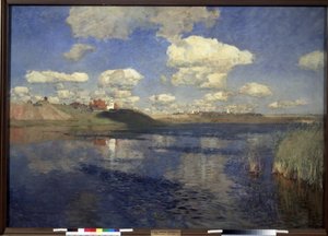 El lago. Vista de la extensión del lago bordeado de juncos, en las orillas, un pueblo y campos de cultivo. Pintura de Isaac (Isaak) Ilyich Levitan (1860-1900), óleo sobre lienzo de Isaak Ilyich Levitan