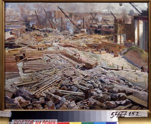 Vista general de la Estación Hidroeléctrica Dnieper. Pintura de Isaak Izrailevich Brodsky (Brodsky) (1884-1939). Óleo sobre tela