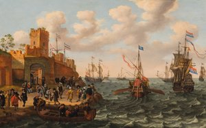 Un trío holandés y una galera papal con otros barcos a lo largo de la costa de una ciudad fortificada, c.1662 (óleo sobre tabla)
