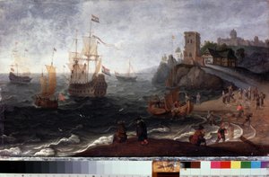 Mercado de pescado a la orilla del mar. Pintura de Isaak Willaerts (1620-1693). Óleo sobre madera, 35,5 x 67 cm, ca. 1640. Arte holandés del siglo XVII. Museo Estatal de Historia y Arte, Serpukhov (Rusia). de Isaak Willaerts