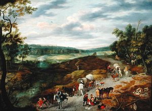 Ladrones atacando un convoy de viajeros, 1656 de Isaak van Oosten