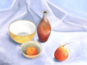 Bodegón con pera y ciruela