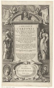 Portada de Chronica Carionis de P. Melanchthon Chronica Carionis desde el comienzo del mundo aen tot den Keyser Carolum (título sobre el objeto) de Isaeck van Aelst