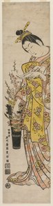 Courtesan Reading a Poem Slip Tied to Flowers in a Vase de Ishikawa Toyonobu