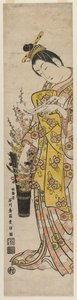 Cortesana leyendo un poema atado a flores en un jarrón, mediados de la década de 1740