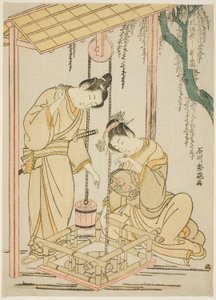 Parodia moderna del episodio del brocal del pozo de "Cuentos de Ise" de Ishikawa Toyonobu