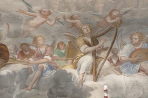 Ángeles, ángeles músicos y putti, detalle del Paraíso con el Padre Eterno, c.1623-34 (detalle) de Isidoro Bianchi