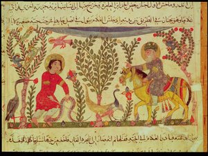 Un Doctor asistiendo a un hombre mordido por una serpiente, manuscrito de un tratado de Dioscórides, siglo XIII de Islamic School