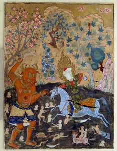 Arte islámico: Página de un falnama: Iman Reza lucha contra un Div de Islamic School