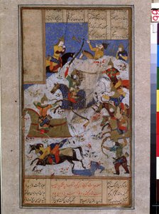 Arte islámico: batalla que opone los ejércitos de Kai Khosrow (Khosro) shah de Irán al de Touran. (La batalla entre iraníes y turanios en la época de Kai Khosrow) Tiree persa en miniatura de un manuscrito del poema épico ""Shahnameh"" (Shah Nama, Shah de Islamic School