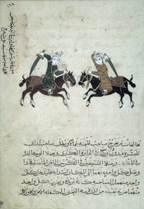 Dos espadachines, ilustración de una copia de Nihayat al-Sul wa al-Umniya fi Taallum Amal al-Furusiyya, o Un compendio de artes militares, de Egipto, 1366 de Islamic School