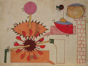 Diagrama de un sistema para bombear agua a una cuenca, del Libro del Conocimiento de Ingeniosos Dispositivos Mecánicos por Al-Djazari, 1206