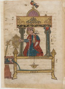 Autómata de lavado de manos con mecanismo de descarga, folio del Libro de Dispositivos Mecánicos Ingeniosos; por Al-Djazari, 1315 de Islamic School