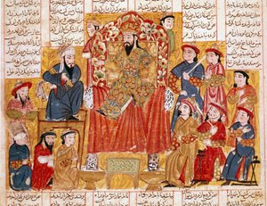 Arte islámico: Un sultán y su corte. Miniatura persa de un manuscrito del poema épico Shahnameh (Libro de los Reyes) de Ferdowsi. Alrededor de 1330. Museo Topkapi, Estambul de Islamic School